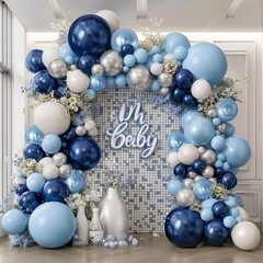 Blue White Silver Balloons Arch Kit, Navy Dark Pearl Blue Metallic Light Blue…