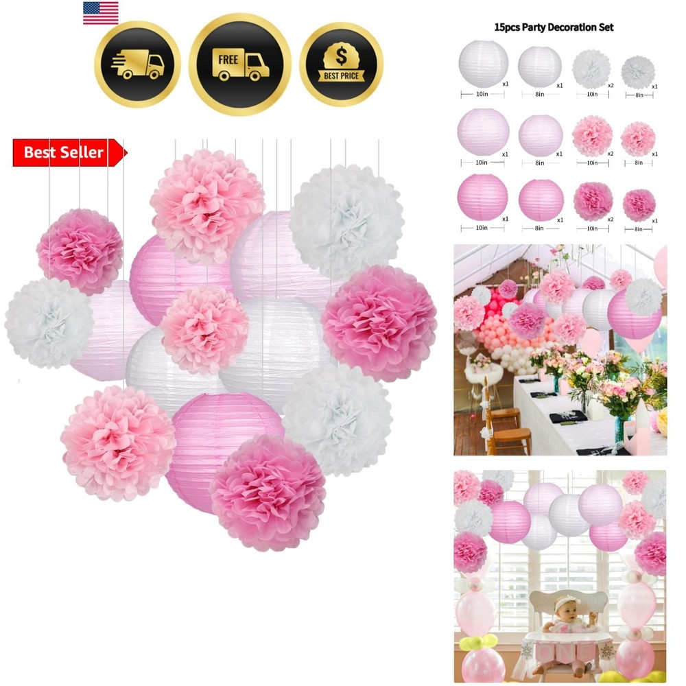 15Pcs Party Pack Paper Lanterns and Pom Pom Balls Hanging Decoration for Wedd…