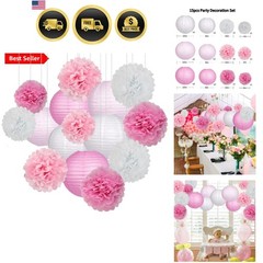 15Pcs Party Pack Paper Lanterns and Pom Pom Balls Hanging Decoration for Wedd…