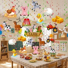 30 Farm Animal Hanging Decorations – Barnyard Party Supplies, Swirls & Cutouts