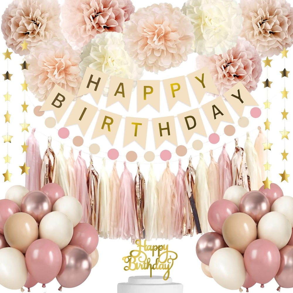 Blush Beige Party Decorations Boho Happy Decorations Banner Pink Nude Ivory B…