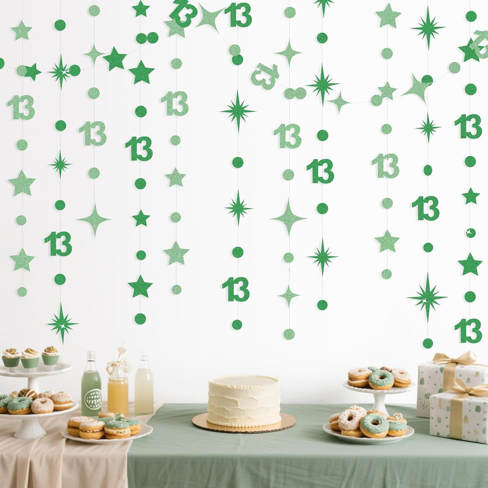 Green 13Th Birthday Decorations Number 13 Circle Dot Star Garland Glitter Stream