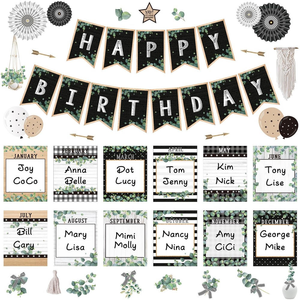 Classroom Birthday Decorations, 48 Pcs Greenery Cutouts, Nature Poster, Black