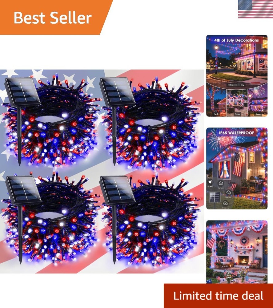 4th of July Solar String Lights – 400 LEDs, 132FT Red, White & Blue Waterproof