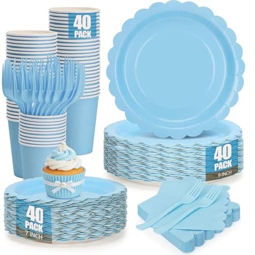 Party Supplies 200Pcs Light Blue Plates Napkins Cups Forks Set for Birthday W…