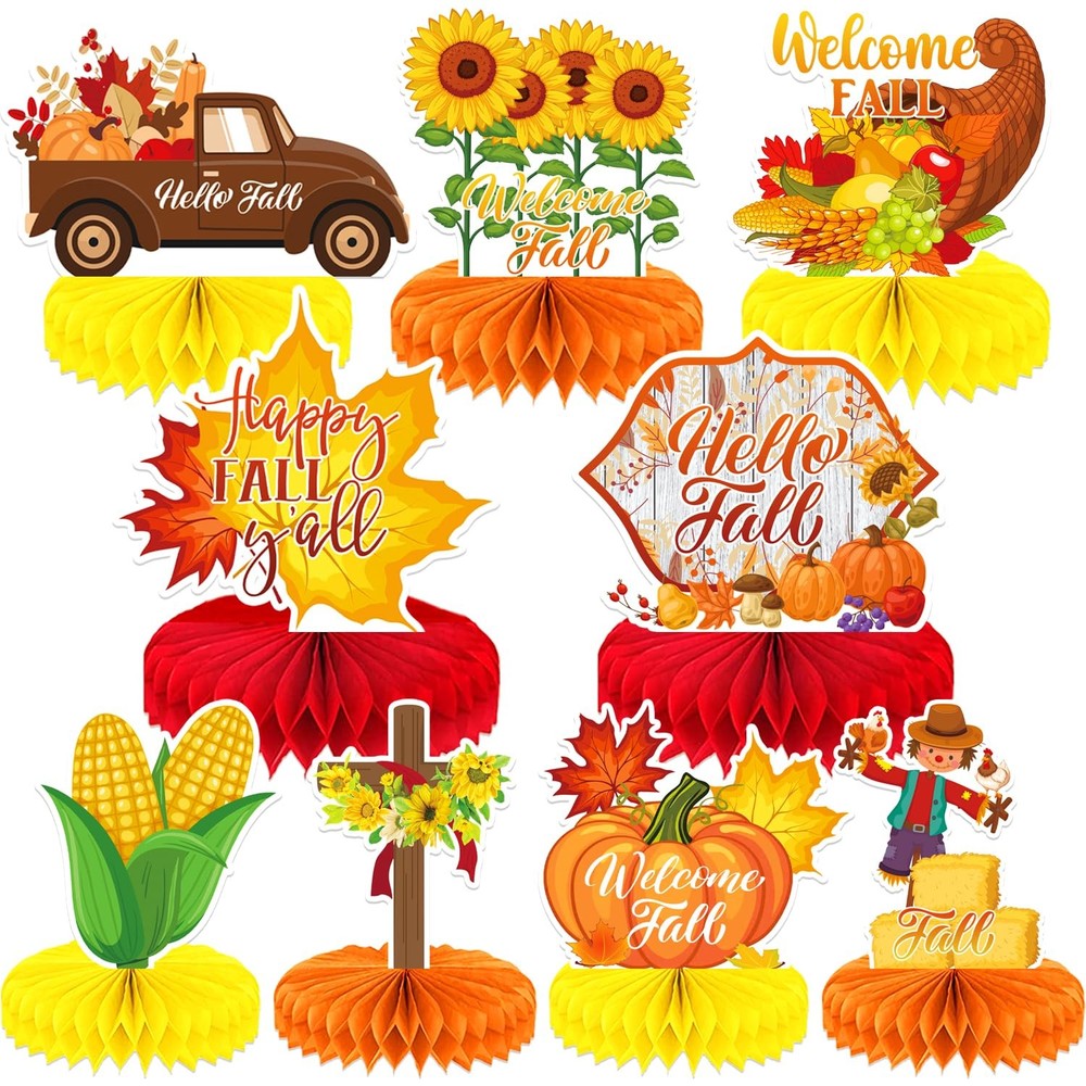 9Pcs Tables Fall Autumn Honeycomb Centerpieces 3D Pumpkin Maple Leaf