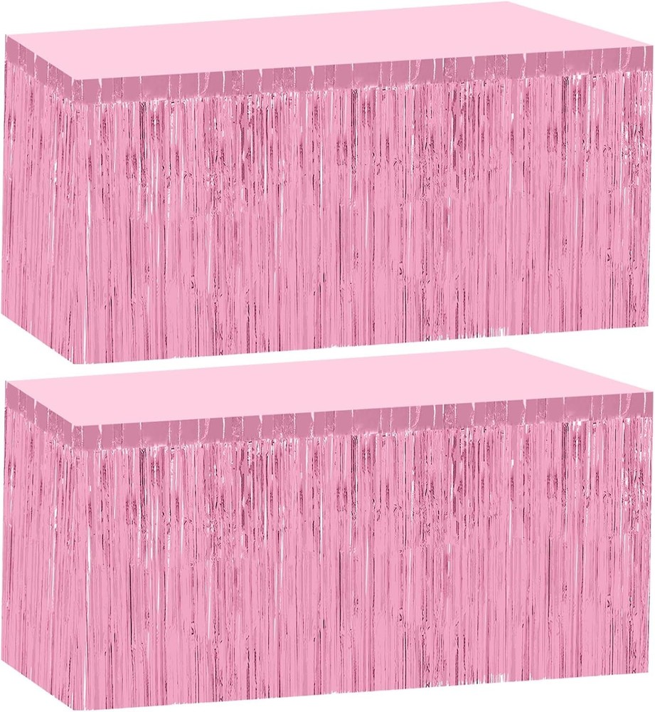 2 Pack 29.5×108 Inch Pink Foil Tinsel Fringe Table Skirts, Disposable Table