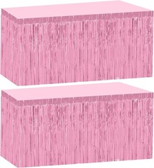 2 Pack 29.5×108 Inch Pink Foil Tinsel Fringe Table Skirts, Disposable Table