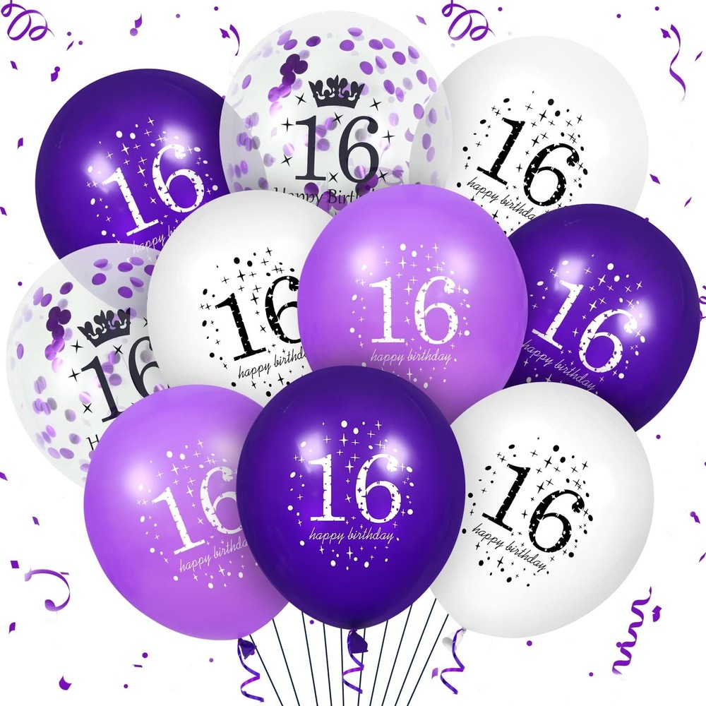 Purple 16th Balloons Decorations – 16Pcs Purple White Happy 16th Confetti Lat…