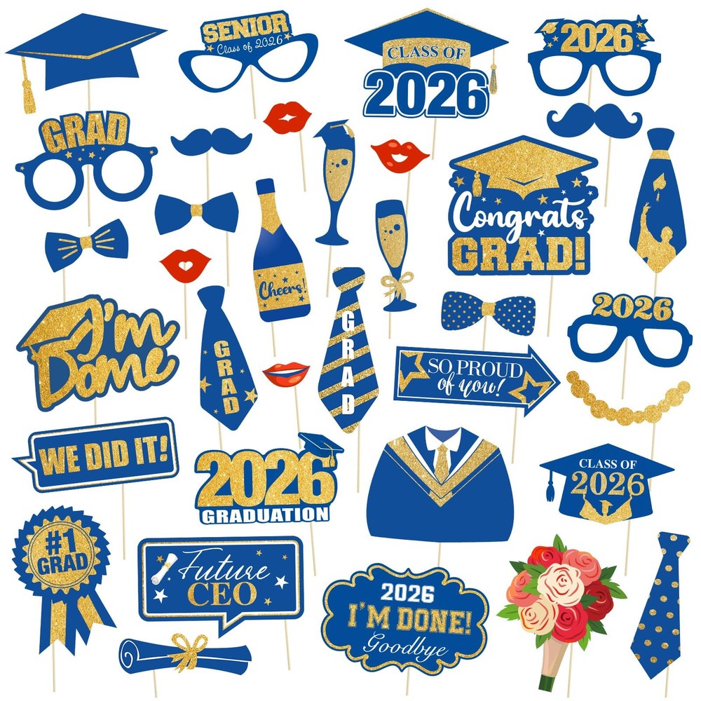 Happy Graduation 2026 Photo Booth Props 35pcs Blue Gold Graduation Photo Prop…