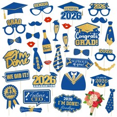 Happy Graduation 2026 Photo Booth Props 35pcs Blue Gold Graduation Photo Prop…