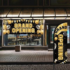 7ft Grand Opening Store Sign Triangle Flags Set – Black Gold