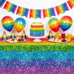 3-Pcs Rainbow Tablecloth Set 55×86 in Glitter for Birthday & Pride Celebrations