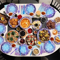 Paper Tableware Set 25 Pieces Blue Purple Snowflake Winter Holiday Party Supp…