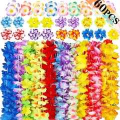 Bulk 60PCS Tropical Leis: Includes Necklaces, Bracelets & Clips for Luau Fun