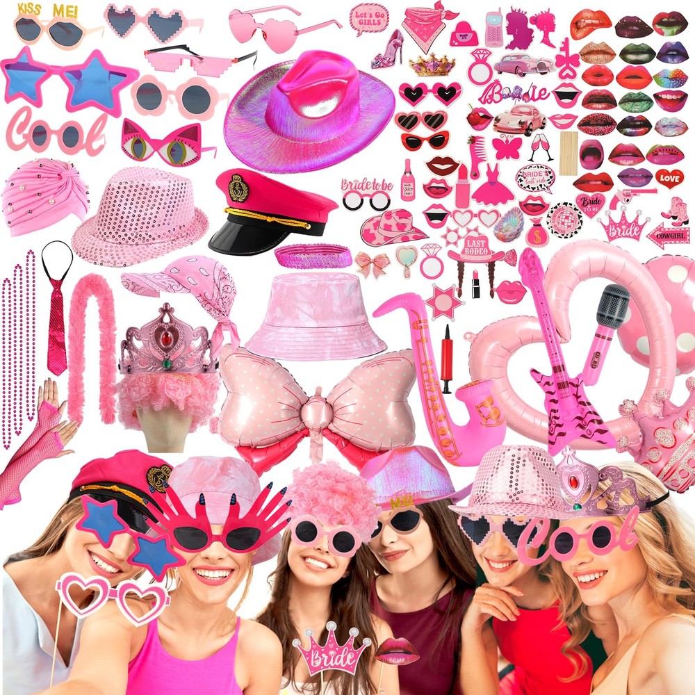 Bulk Premium Hot Pink Funny Photo Booth Props Set for , Cute Hot Pink Hats, G…