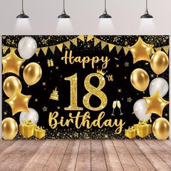 18th Birthday Decorations Backdrop Banner Black Gold Happy 18th Birthday Banners