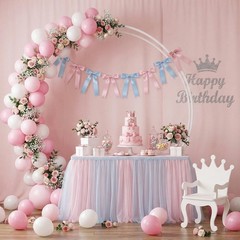 2 Strings 16pcs Pink Blue Bow Garland Banner, Pre-Strung Satin Ribbon Decorat…