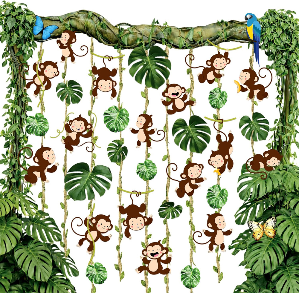 51 Pcs Jungle Safari Monkey Party Decorations – Palm Leaves Backdrop Animal Cuto