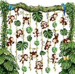 51 Pcs Jungle Safari Monkey Party Decorations – Palm Leaves Backdrop Animal Cuto