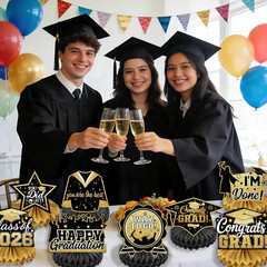 Black and Gold 8 Pieces Graduation Table Decorations, Class of 2026 Congrats Gra