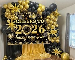 2026 New Year Backdrop Black Gold Party Decor – NYE Photography Background 7x5FT