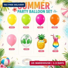 Tropical Balloons Kit, 12Inch Hawaiian Balloons Hot Pink Teal Green Orange Yello