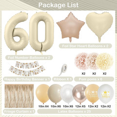 60Th Beige Birthday Decorations for Women, Cream Foil Number Heart Brown Star Ba