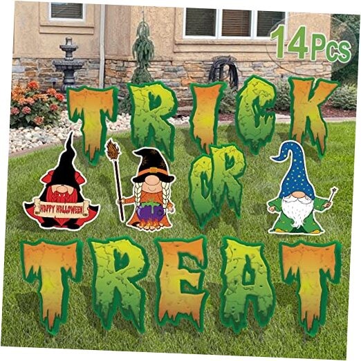Halloween Yard Sign,(14 Pcs) Large 17″ Inch Tall Trick or Treat Gnomes Lawn