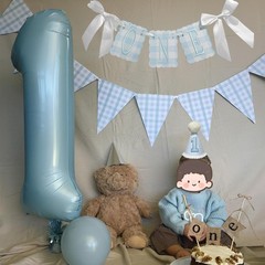 First Decorations for Boy Blue Gingham High Chair Banner & Party Hat for Year…