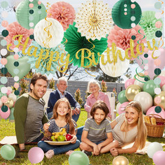 Sage Green Pink Birthday Decorations – 62Pcs Happy Birthday Banner, Olive Retro