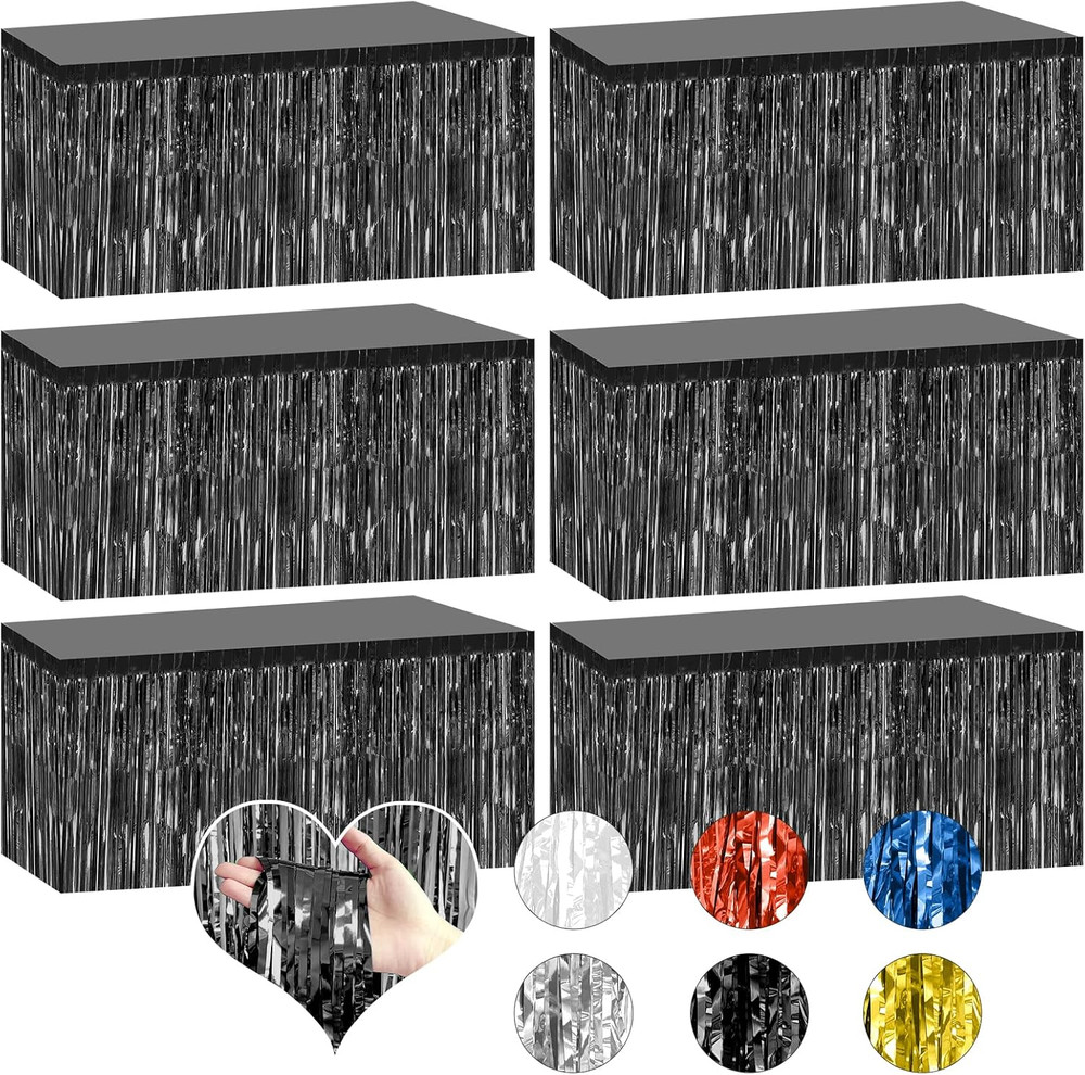 6 Pack 29.5X108 Inch Black Foil Tinsel Fringe Table Skirts, Disposable Table Ski