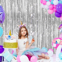2 Pack Silver Metallic Tinsel Foil Fringe Curtains, Door Streamers Photo Booth B