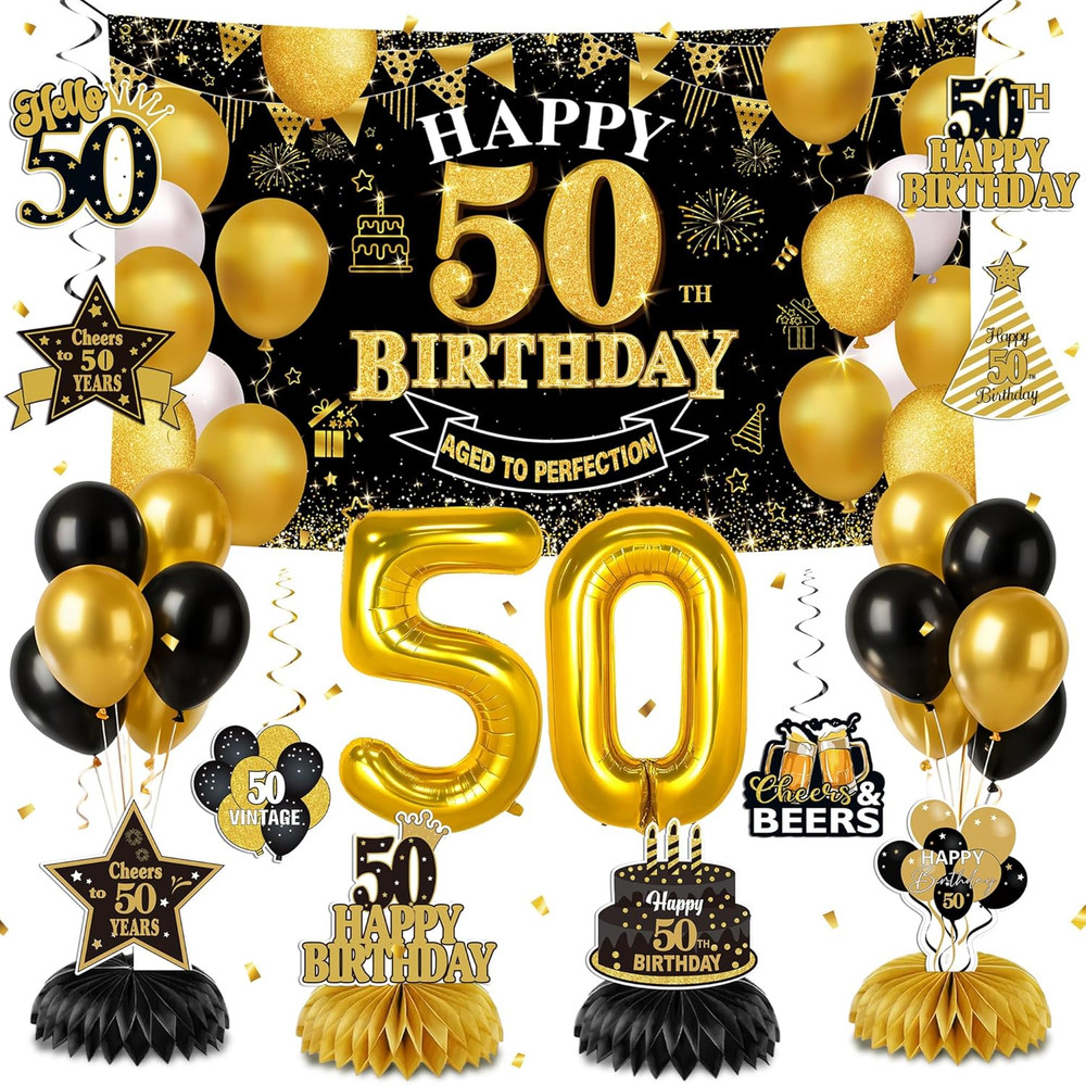 50Th Birthday Decorations for Men and Women, Black Gold 50 Years Old Birthday Pa