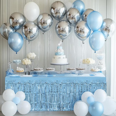 2 Pack Light Blue Table Skirts, 29X108″ Metallic Foil Tinsel Fringe Table