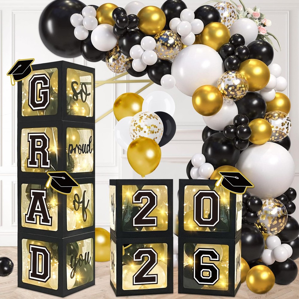 Cajas De Graduacion 2026 Con Globos Negro Dorado Y Luces Para Decoracion