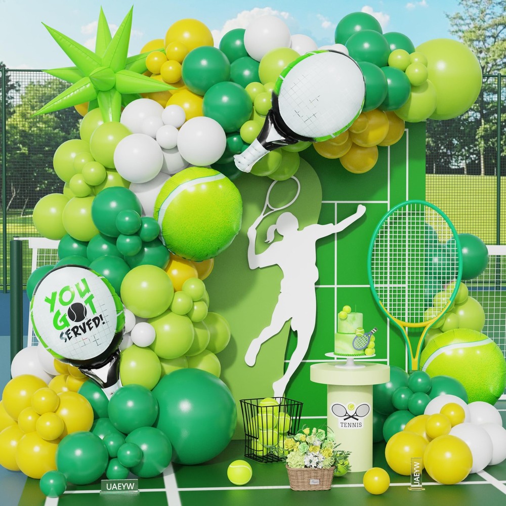 139Pcs Tennis Balloon Arch Kit – Green Yellow White Balloons with Tennis Rack…