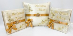 NEW 4PC Champagne Quinceanera Set Kneeling pillow Guestbook Photo album bible