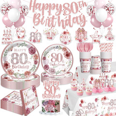 201Pcs 80Th Birthday Decorations for Women Tableware Set, Rose and Gold 80Th Bir