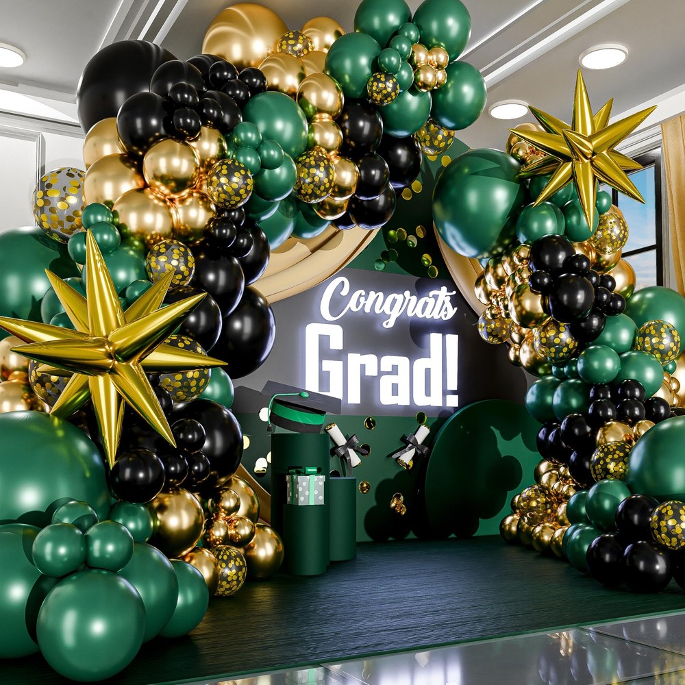 ALL-IN-1 Emerald Green Black Gold Balloons Arch Kit with BONUS Starburst – Sm…