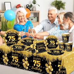 75th Birthday Decorations for Men Women, 142Pcs Black Gold 75th Birthday Deco…