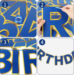 Navy Blue Happy Birthday Banner, Golden Border Happy Birthday Bunting Banner Fla