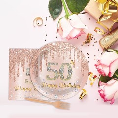 Complete 96-Piece Pink Rose Gold 50th Birthday Collection for Effortless Hosting