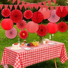 22 Pcs Red Gingham Party Supplies, and White Decorations Include Hanging Paper