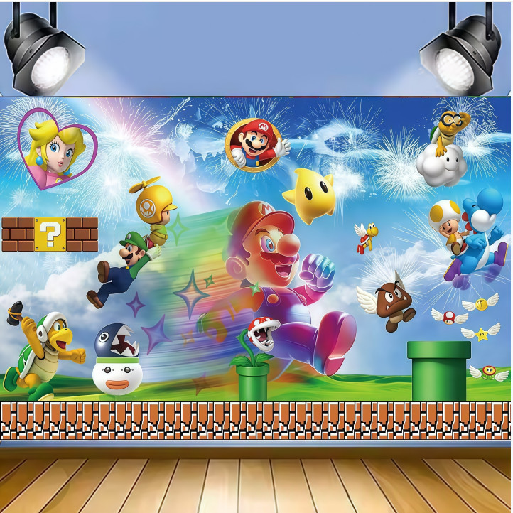Super Mario Party Backdrop Banner Kids Birthday Party Supplies Background Decor