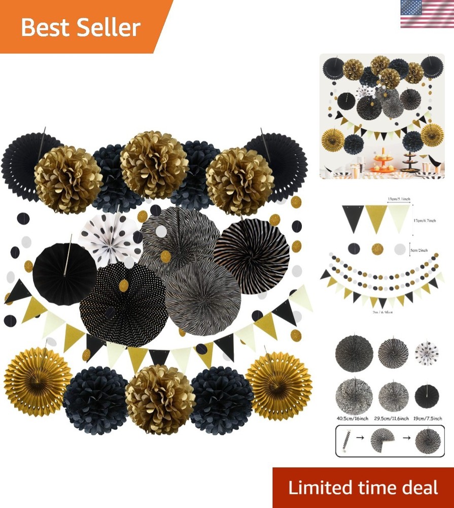 Stunning 21 Pcs Paper Fan & Pom Poms Set in Black & Gold for Memorable Events