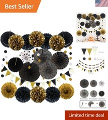 Stunning 21 Pcs Paper Fan & Pom Poms Set in Black & Gold for Memorable Events