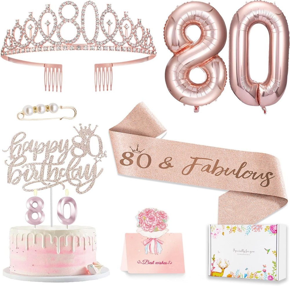 80th Birthday Gifts Decorations for Women, Including 80 year old Birthday Cake T