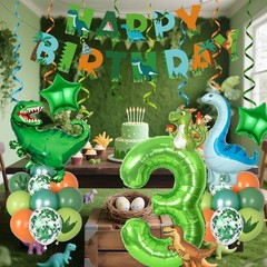 Dinosaur 3rd Party Decorations for Boys Girl, Foil Green Star Number 3 Dinosa…