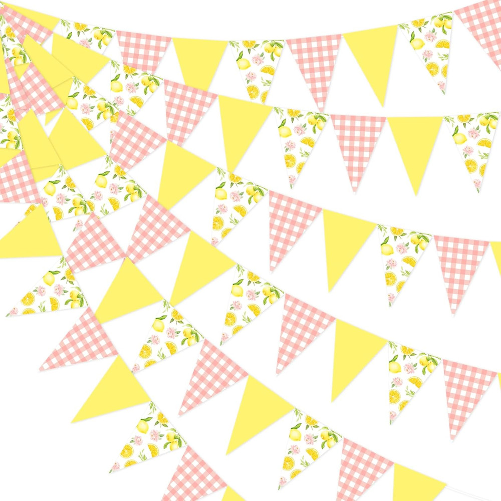 Lemon Party Decorations – 3PCS Lemon Bunting Banners, Pink and Yellow Lemon Tria
